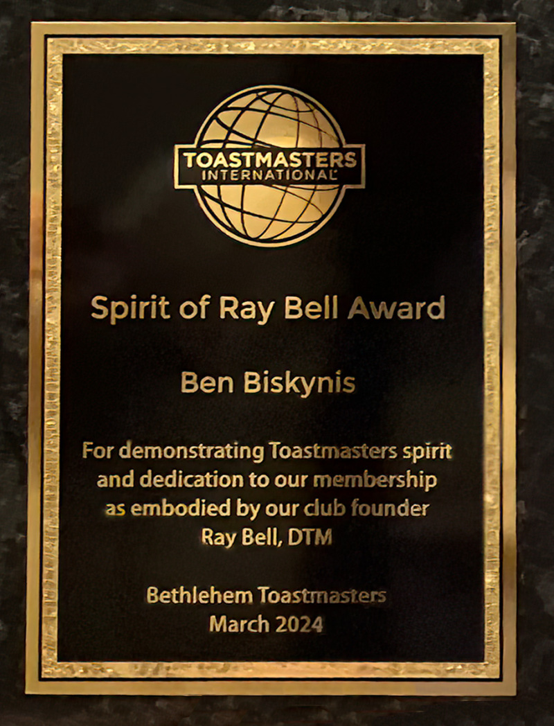 2024 Ray Bell award plaque for contributing to a positive learning environment